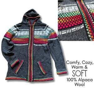 100% Alpaca Wool Hood Zip Knit Cardigan Sweater Peru Fall Winter GORP Hiking